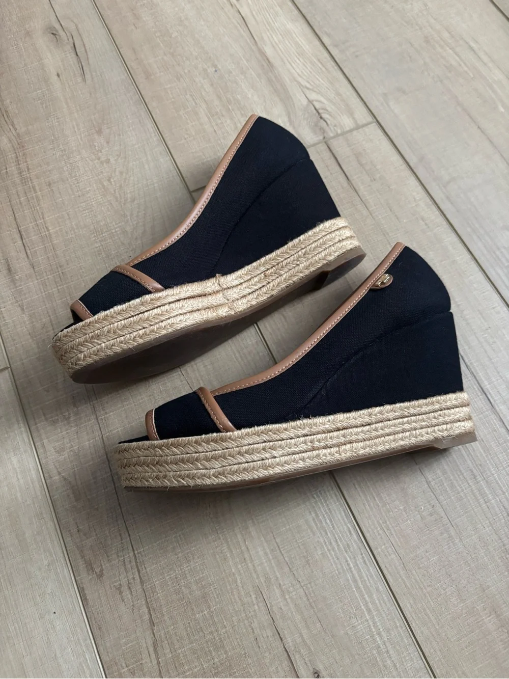 Tory Burch Majorca Black Canvas and Brown Leather Peep Toe Wedge Espadrille